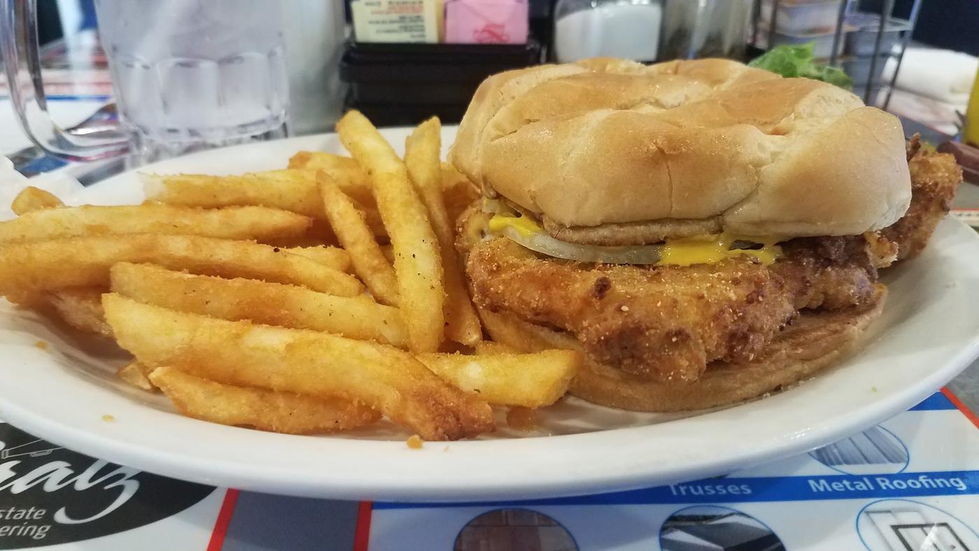 A breaded pork tenderloin sandwich on a bun with a plate of fries.